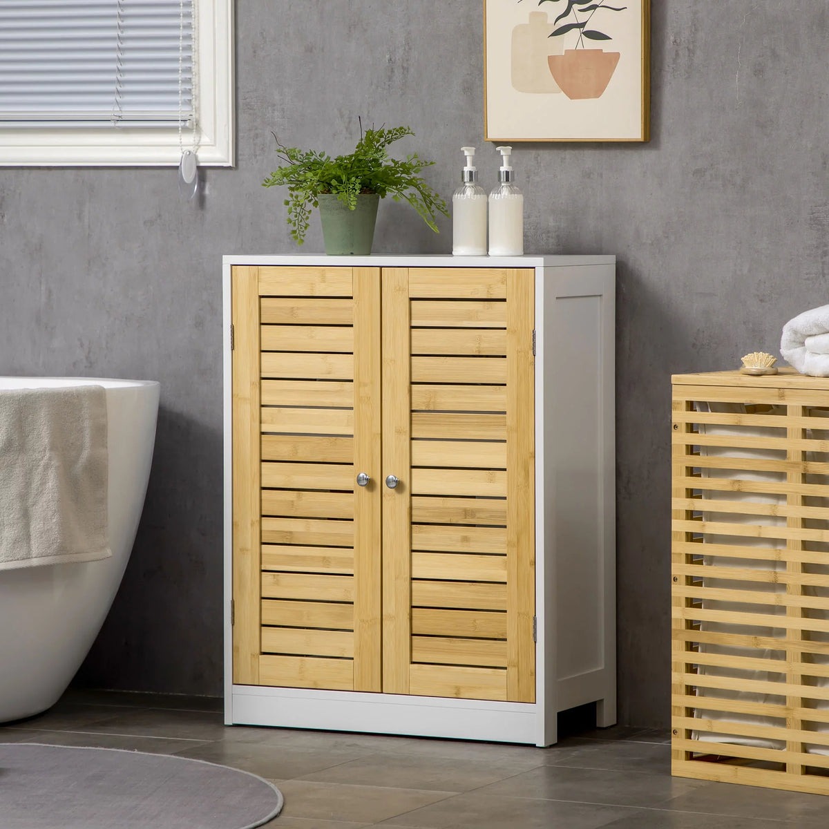 Bathroom Floor Cabinet with Bamboo Doors, Adjustable Shelves, White and Natural G244781
