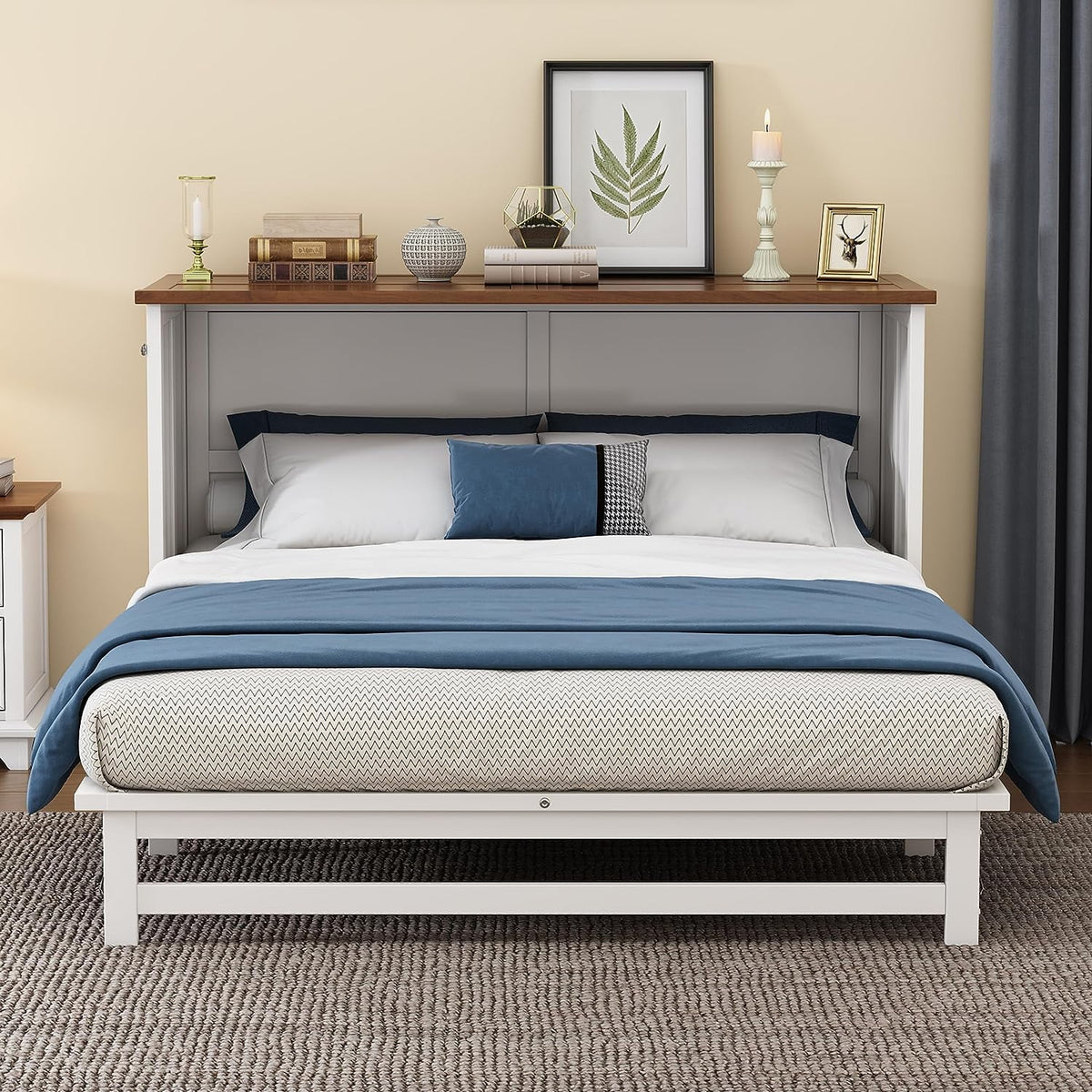 Queen Size Foldable Wood Murphy Bed Chest with Charging Station and Storage Drawer X813