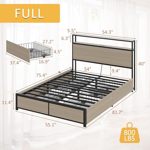 Queen Metal Platform Bed Frame with Storage Headboard and 4 Drawers E830