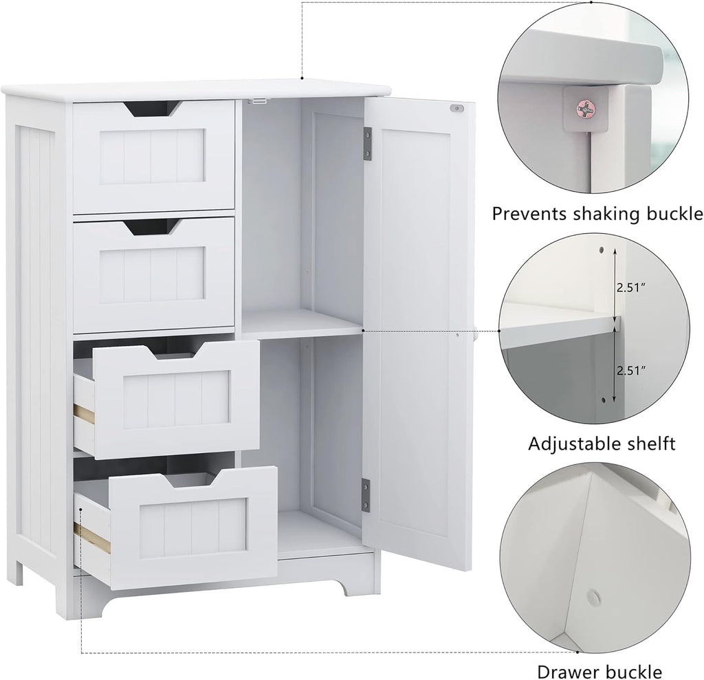 White Freestanding Bathroom Storage Cabinet with 4 Drawers and 1 Door K5851