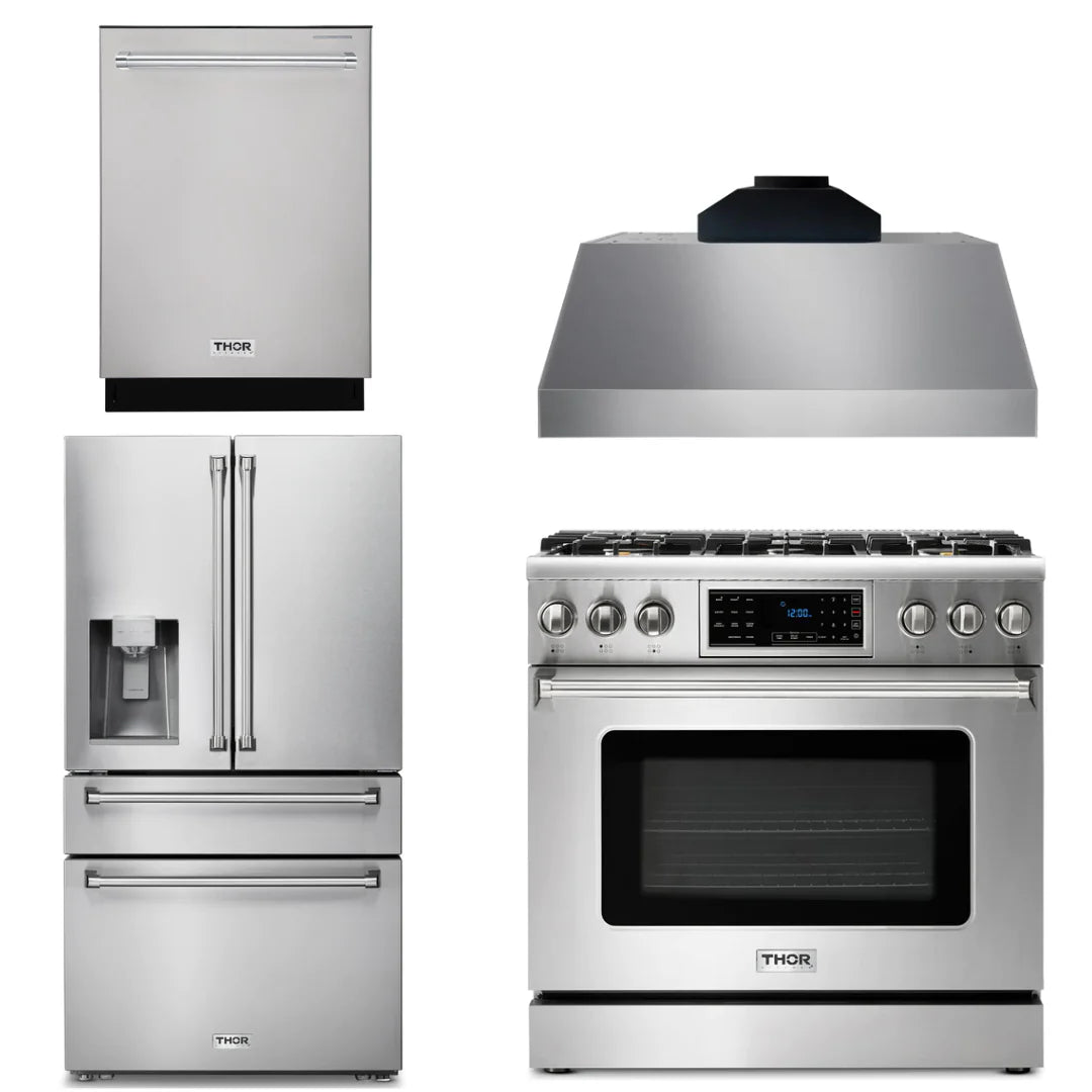 36 Propane Gas Range, Range Hood, Refrigerator with Water and Ice Dispenser, Dishwasher O848