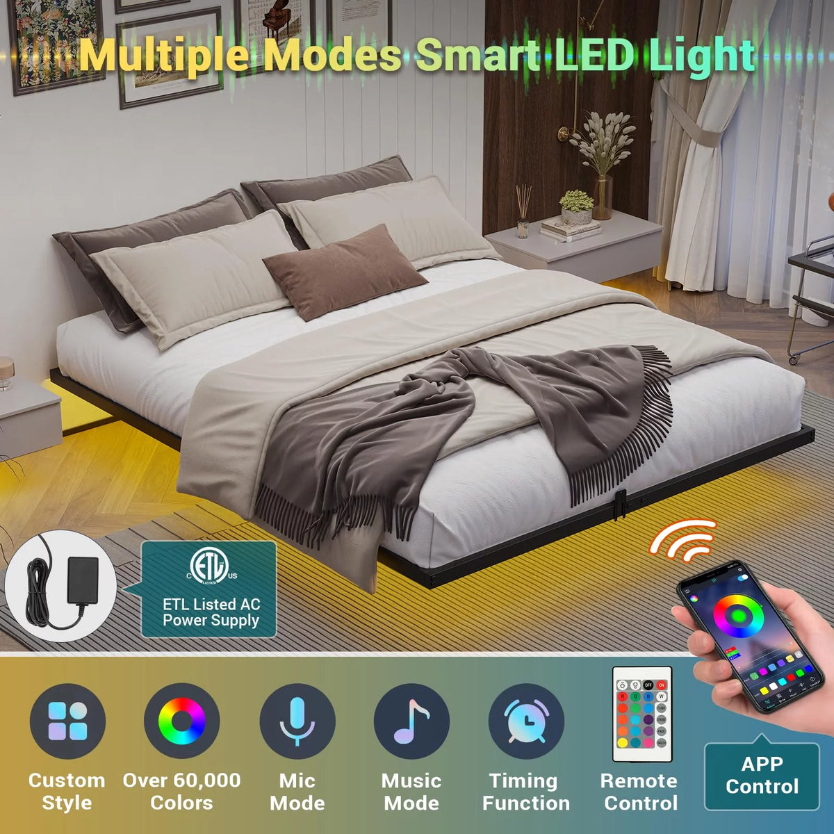King Size LED Lights Linen Fabric Platform Bed V303