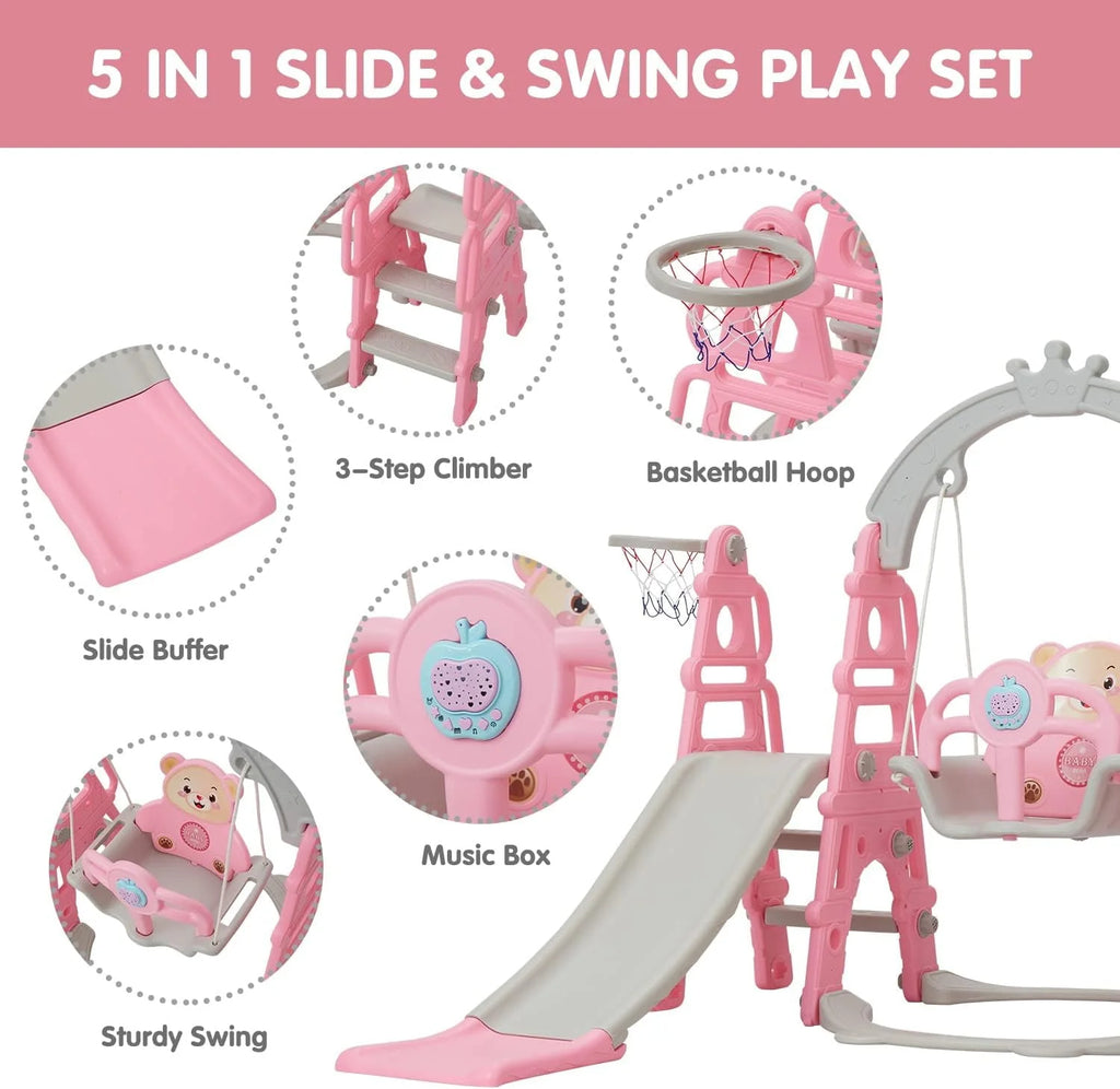 5 in 1 Toddler Slide Swing Set with Basketball Hoop Blue P69511