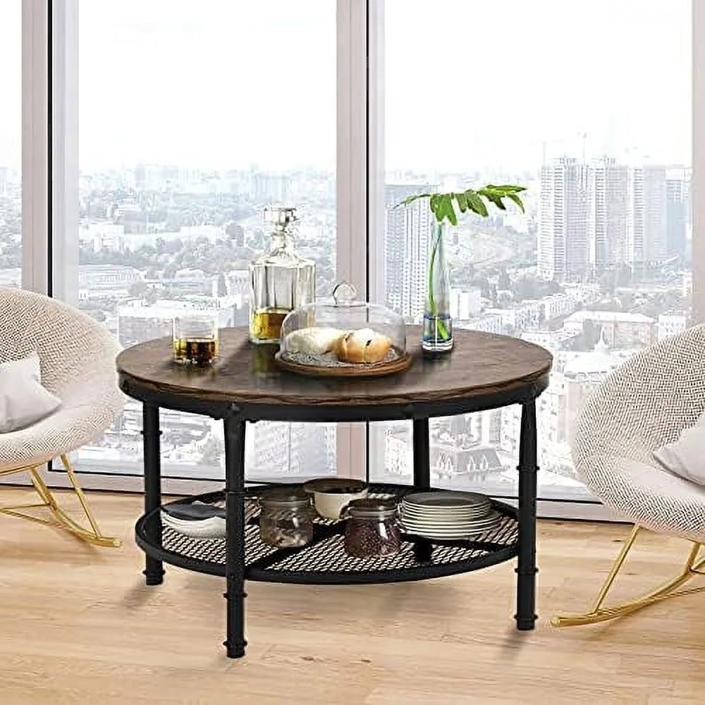 Small Round Coffee Table with Rustic Wood Top & Metal Legs & 2-Tier Grey H62888
