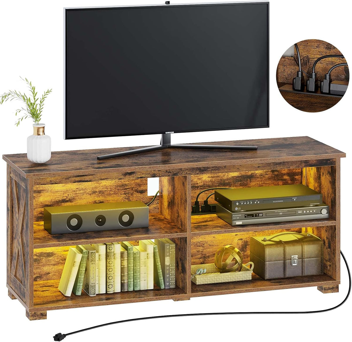 Rustic Brown TV Stand with Power Outlet & LED Lights P102