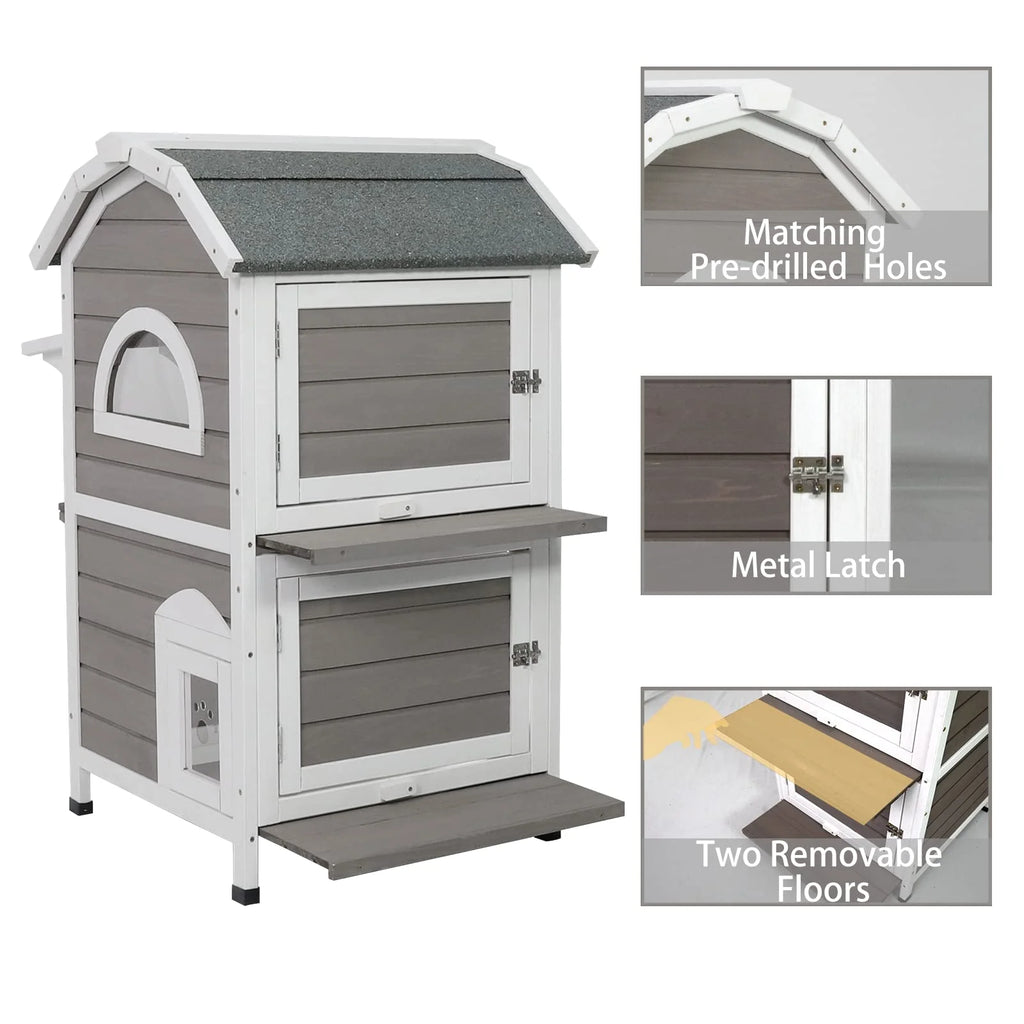 Weatherproof Two Story Wooden Outdoor Cat House S888