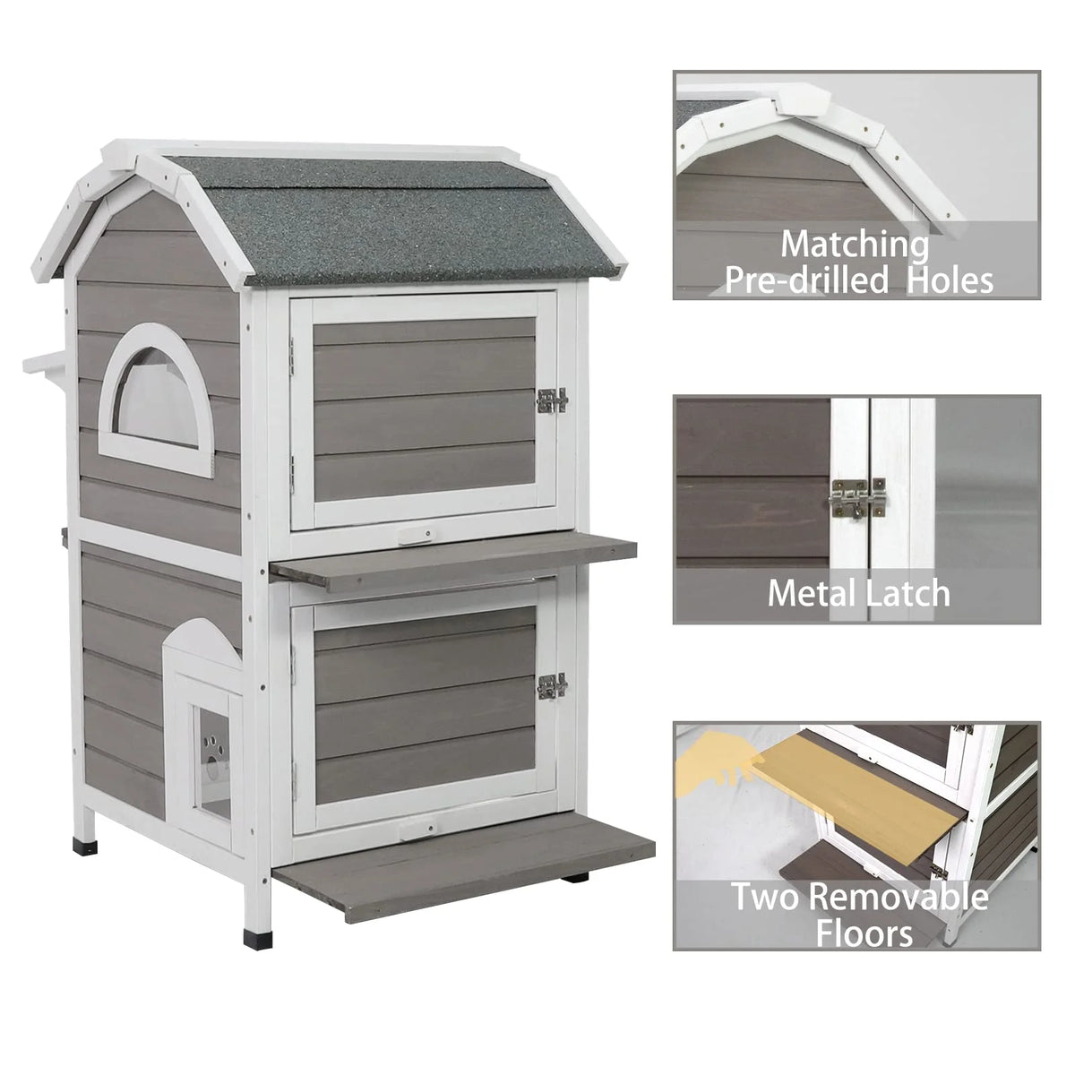 Weatherproof Two Story Wooden Outdoor Cat House S888