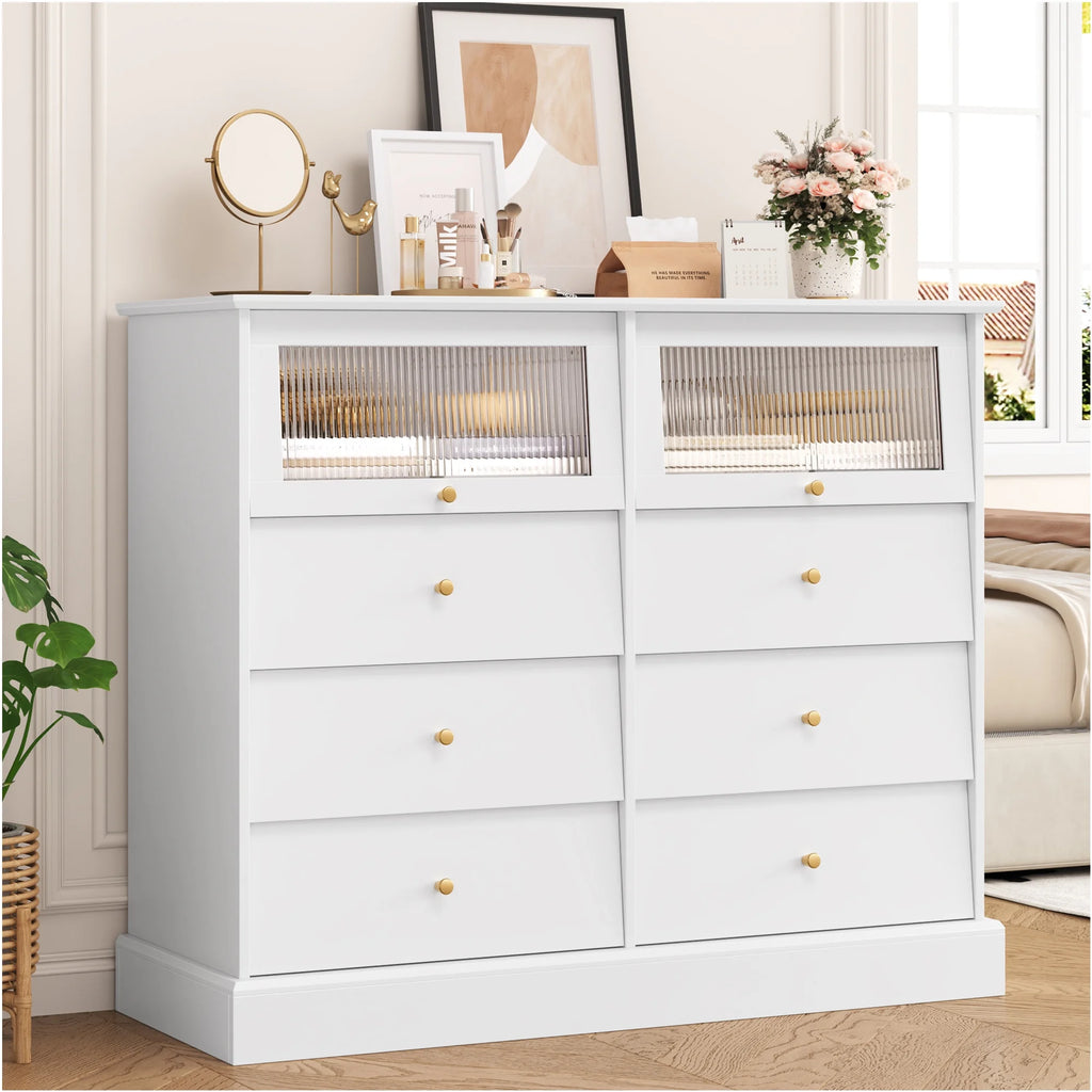 Black 8 Drawer Glass Door Wood Dresser R921