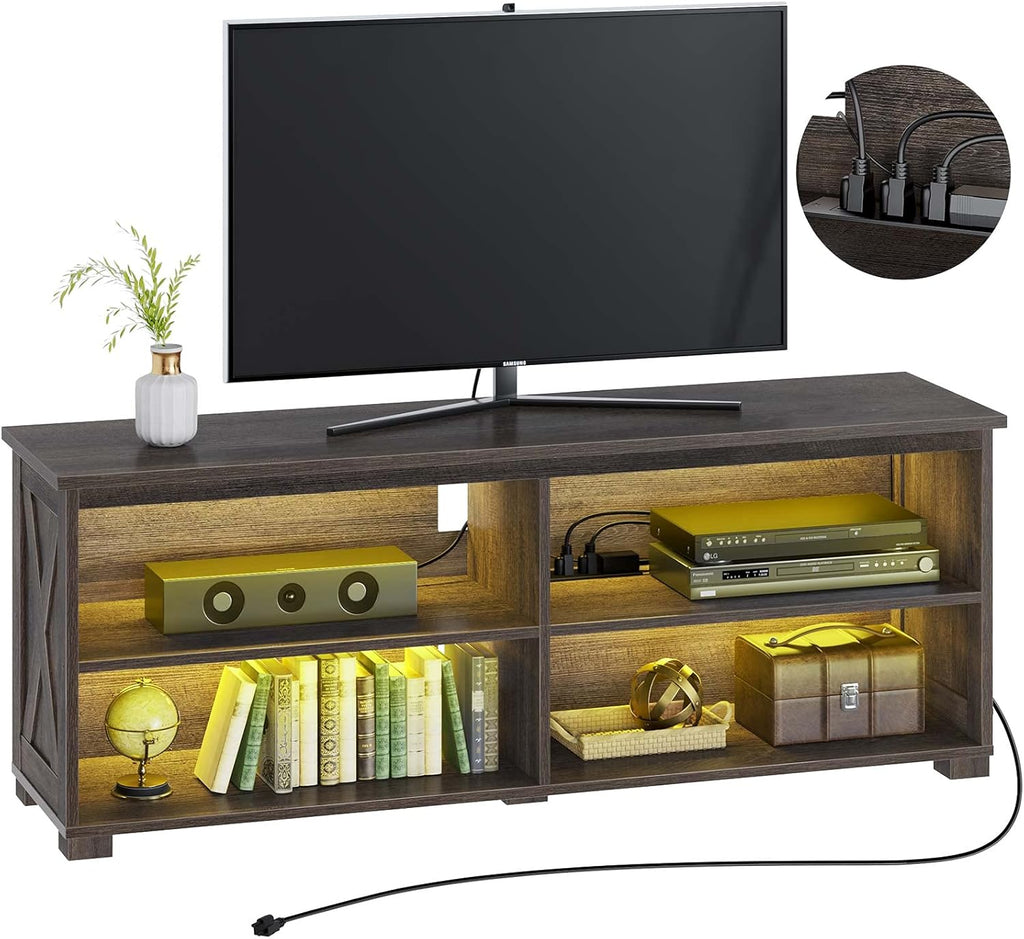Rustic Brown TV Stand with Power Outlet & LED Lights P102