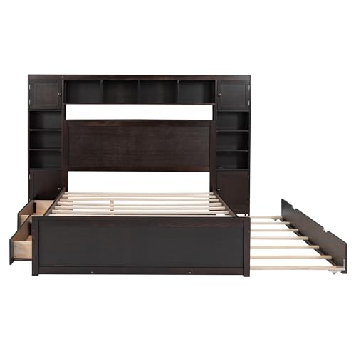 White Full Size Platform Bed with Bookcase Headboard and Storage Drawers V785