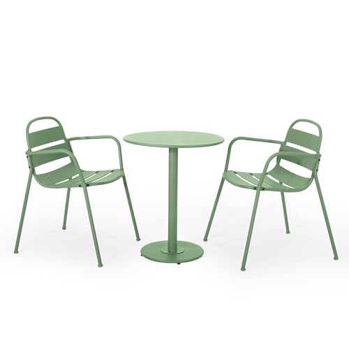 3-Piece Outdoor Bistro Set Iron Patio Furniture with 2 Chairs & Round Table Dark Green M2297