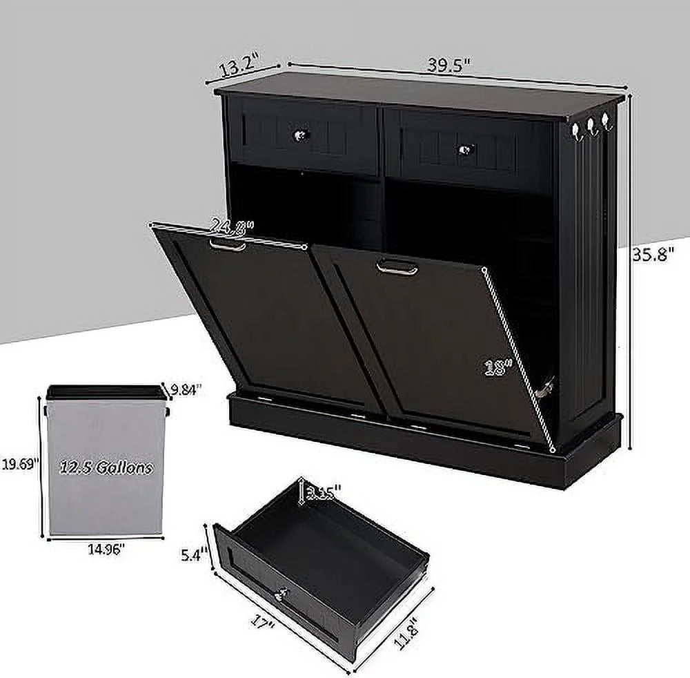 Double Tilt Out Trash Cabinet Laundry Hamper with Drawer 20 Gallon Black Q7497
