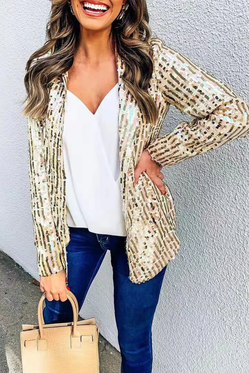 Sequins Patchwork Cardigan Collar Outerwear P5647