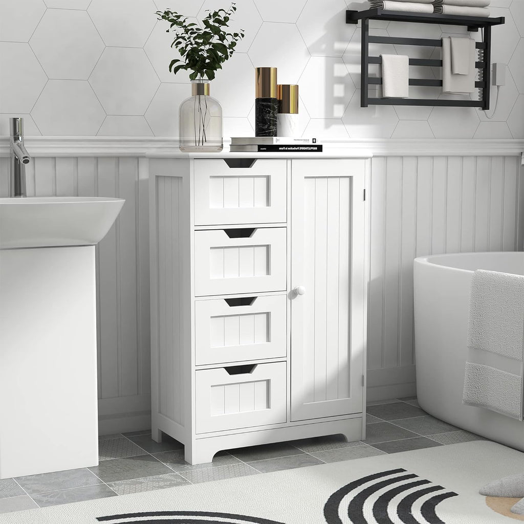 White Freestanding Bathroom Storage Cabinet with 4 Drawers and 1 Door K5851
