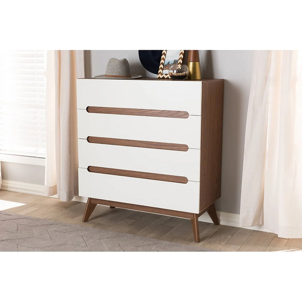 White and Walnut Wood 4-Drawer Storage Chest W167