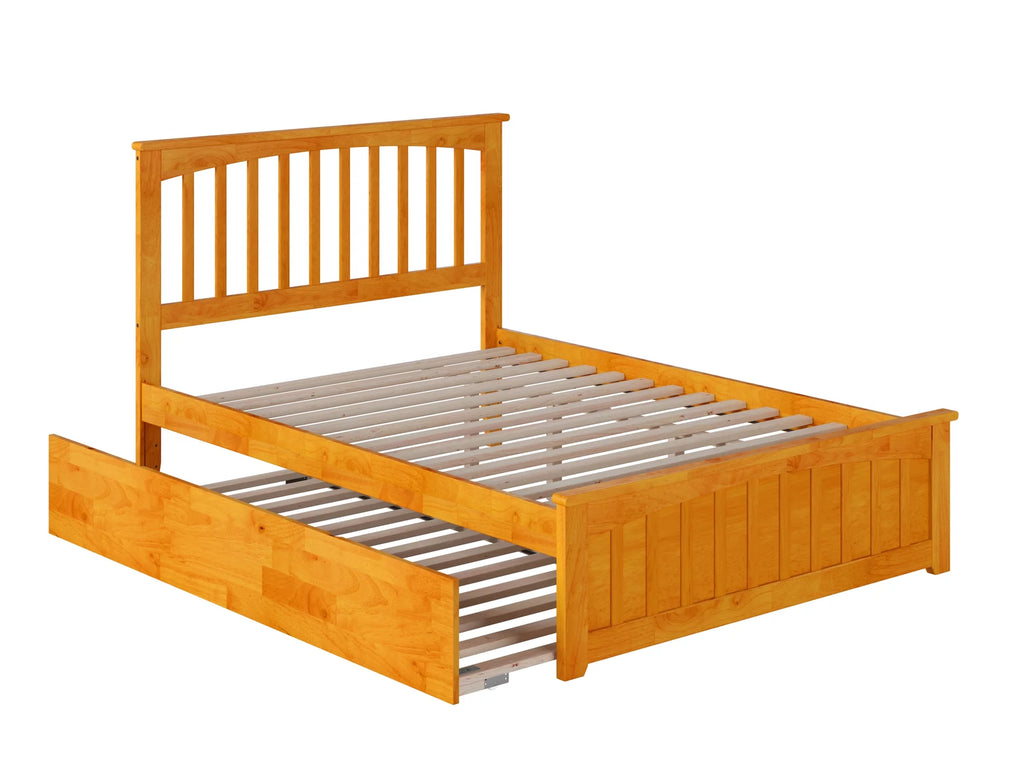 Caramel Wood Platform Bed with Footboard and Trundle J9913