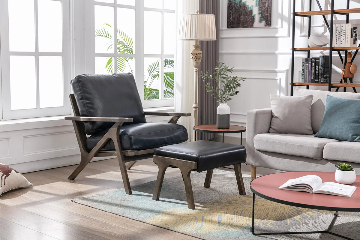 Black Faux Leather Accent Chair and Ottoman Set N71447