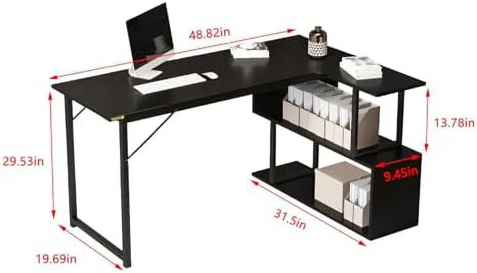 L Shaped Desk 47 Inches Computer Desk with 2 Tier Shelves Black H9381