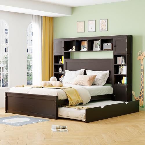 White Full Size Platform Bed with Bookcase Headboard and Storage Drawers V785
