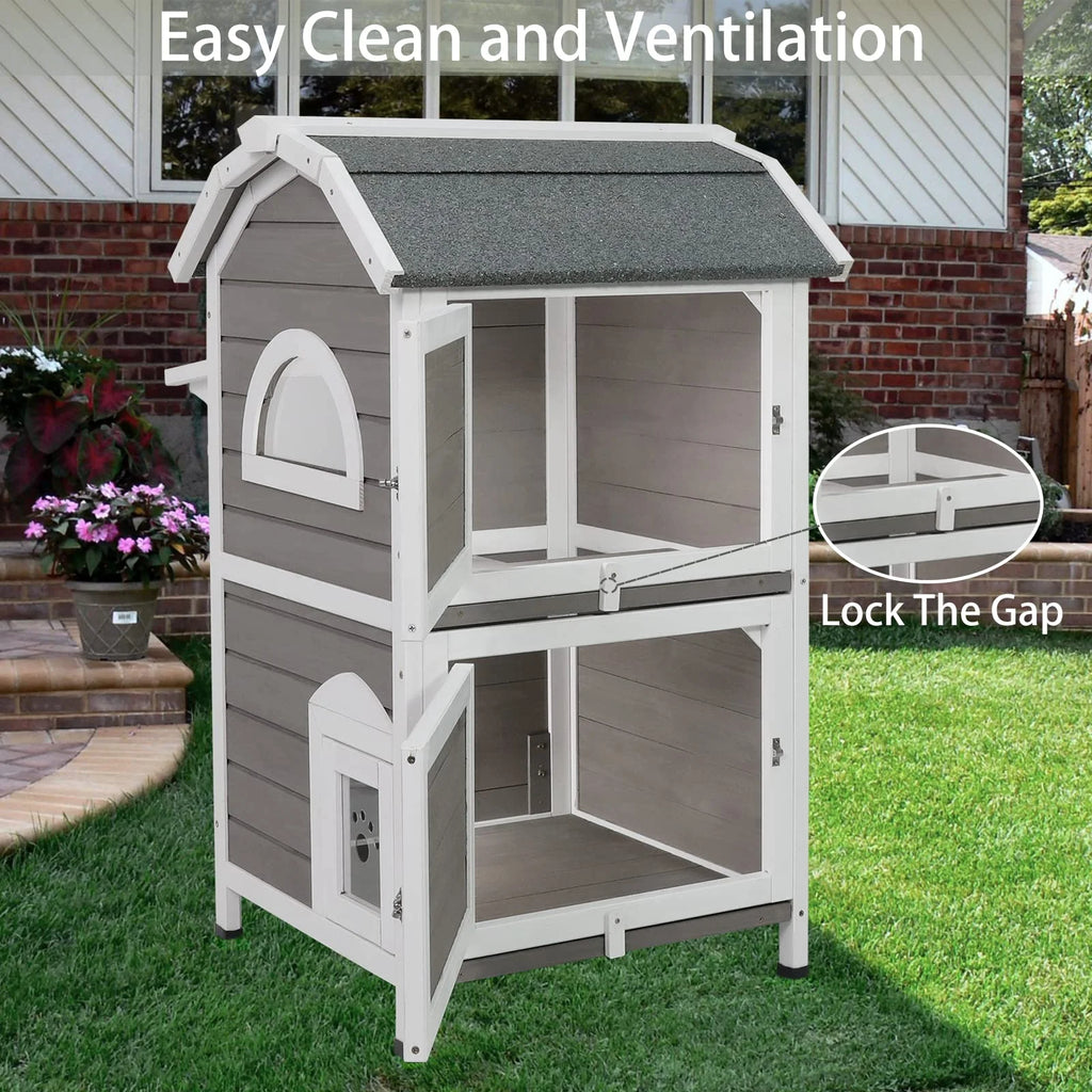 Weatherproof Two Story Wooden Outdoor Cat House S888