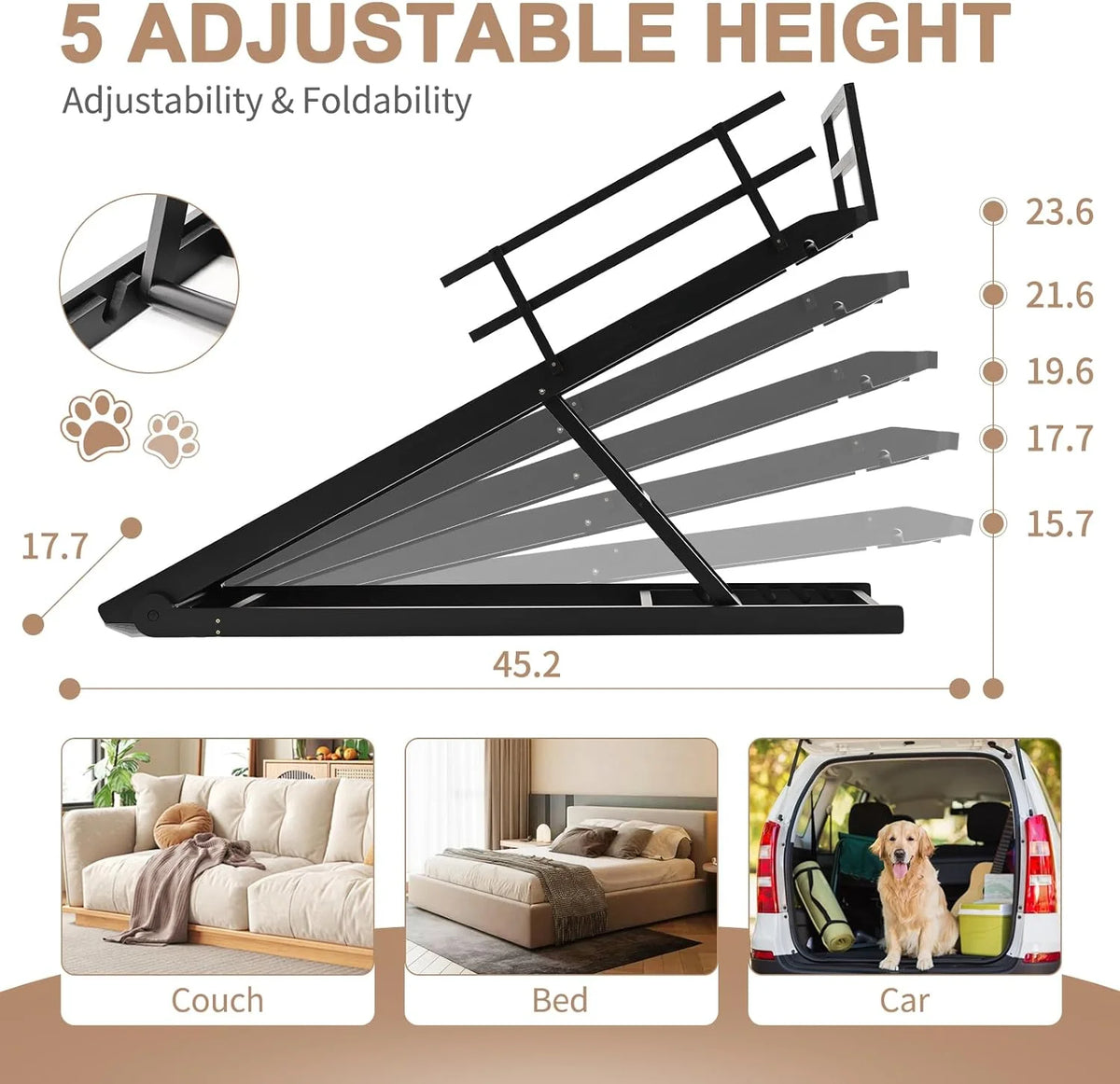 5 Level Adjustable Folding Dog Ramp with Side Rails T636504