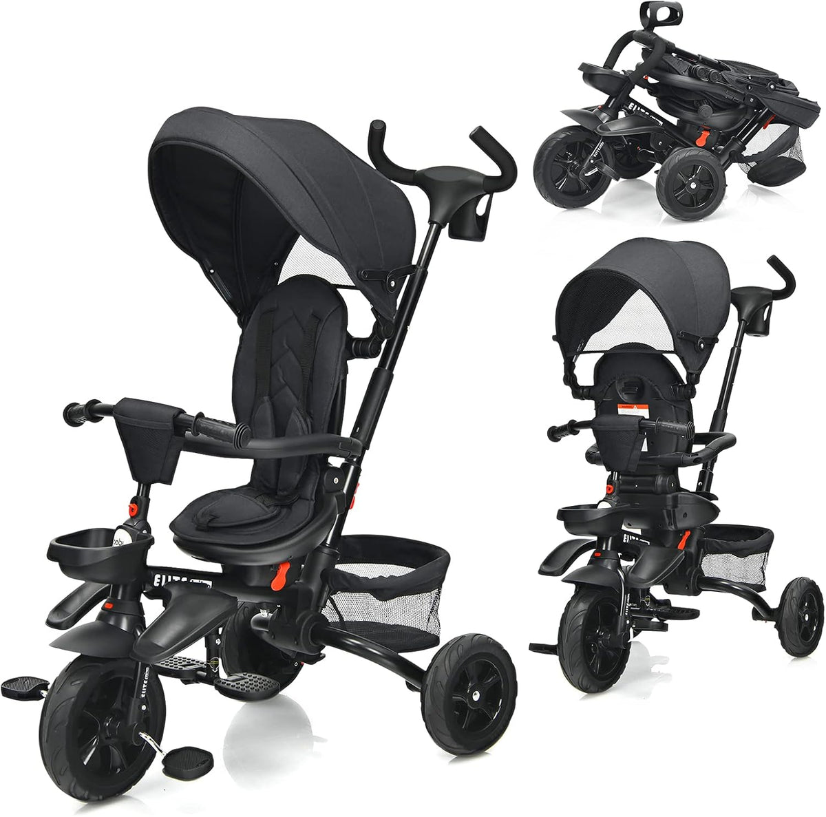 7-in-1 Kids Folding Tricycle with Canopy, Black+Blue K1574