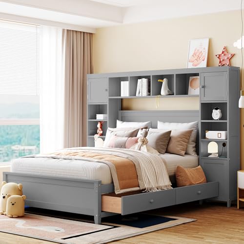 White Full Size Platform Bed with Bookcase Headboard and Storage Drawers V785