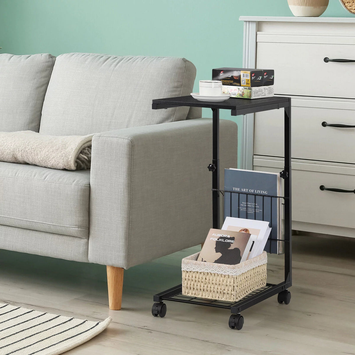 C Shaped Side Table with Wheels & Storage Shelves K25261