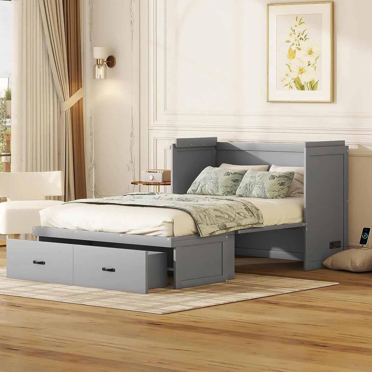 Queen Size Foldable Wood Murphy Bed Chest with Charging Station and Storage Drawer X813