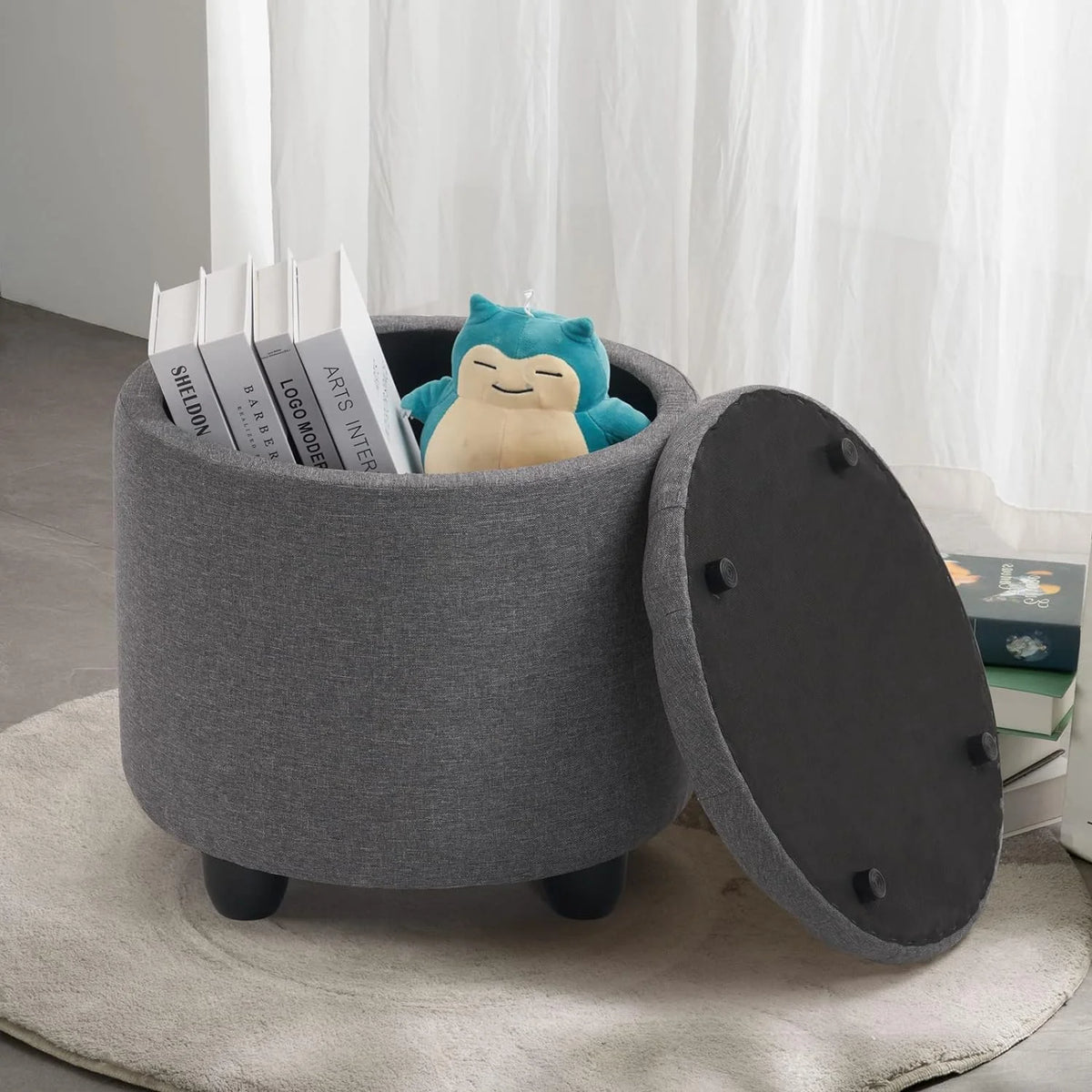 19" Round Storage Ottoman with Cover Lid Tufted PU Leather Fabric Ottoman E1331