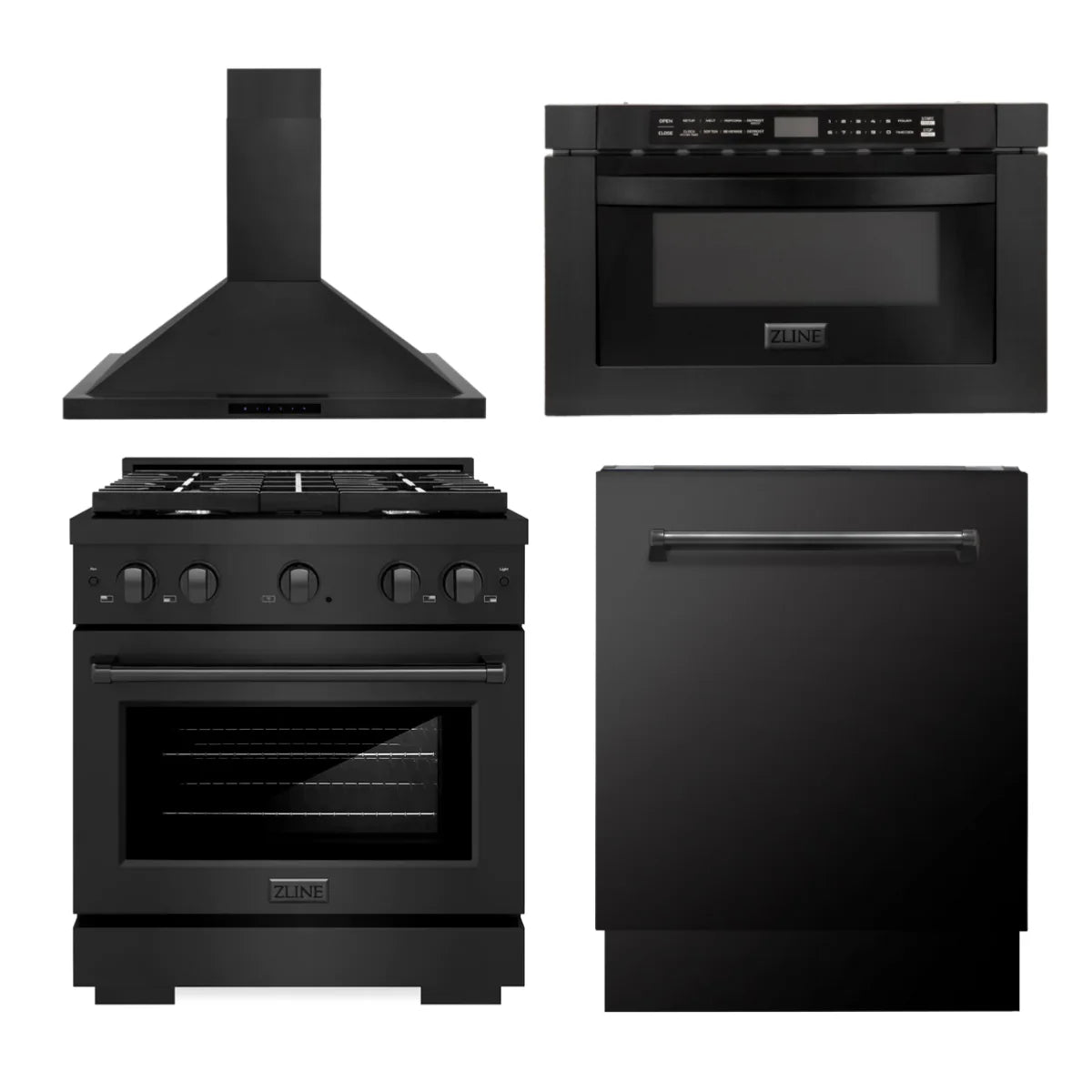 30 In. Gas Range, Range Hood, Microwave and Dishwasher in Black Stainless Steel V86532