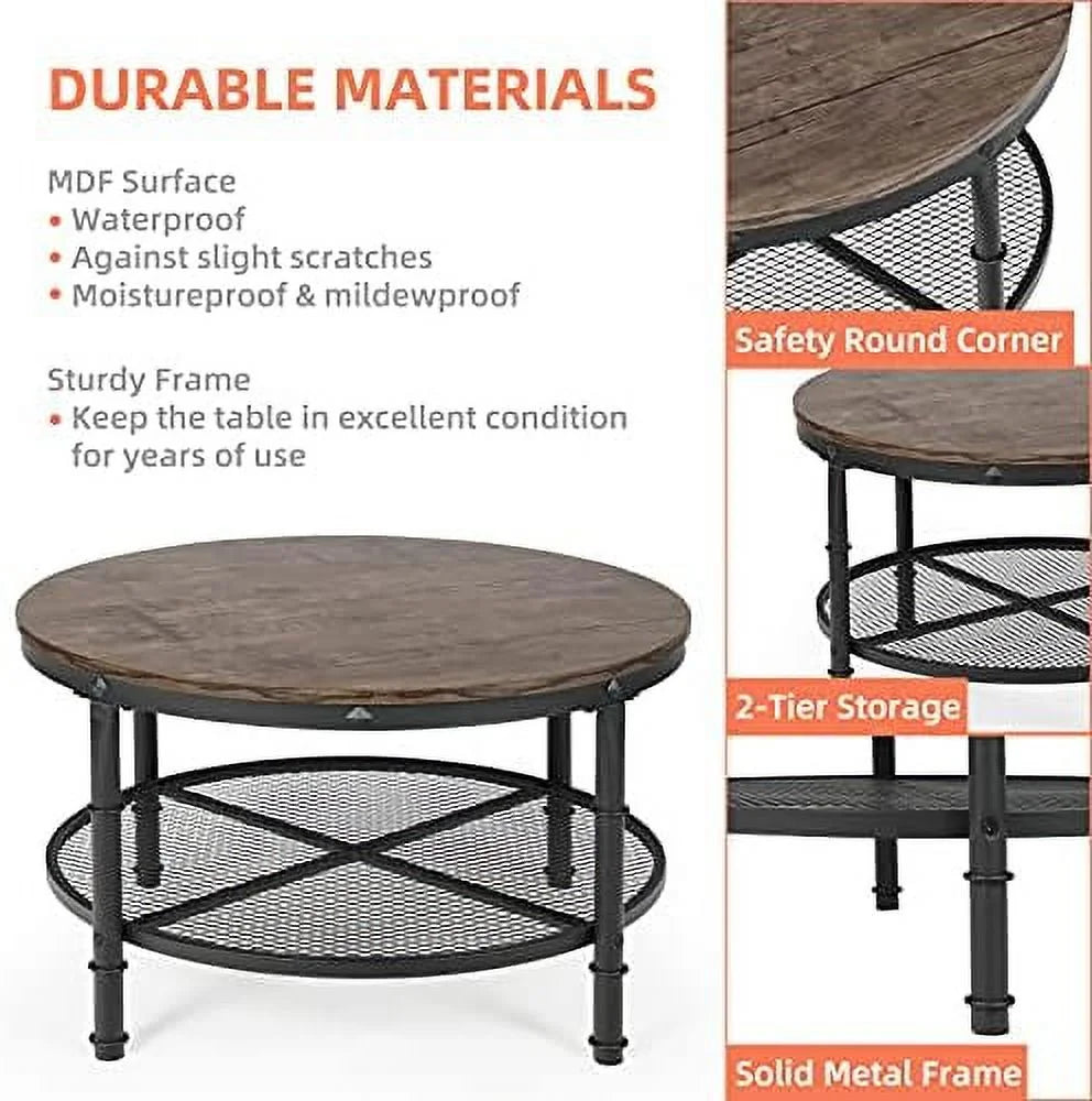 Small Round Coffee Table with Rustic Wood Top & Metal Legs & 2-Tier Grey H62888