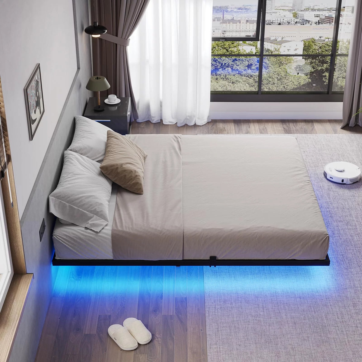 King Size LED Lights Linen Fabric Platform Bed V303