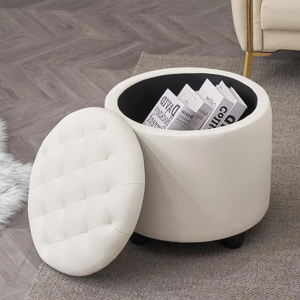 19" Round Storage Ottoman with Cover Lid Tufted PU Leather Fabric Ottoman E1331