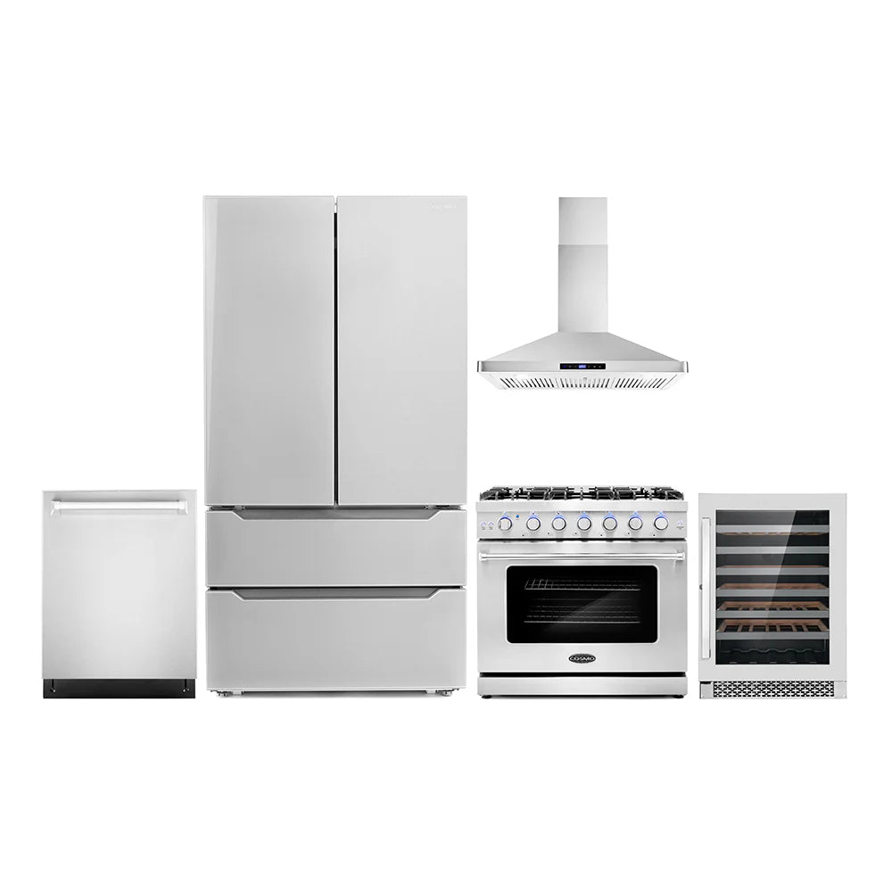 36 Gas Range, Wall Mount Range Hood, Dishwasher, Refrigerator with Ice Maker and Wine Cooler K72291