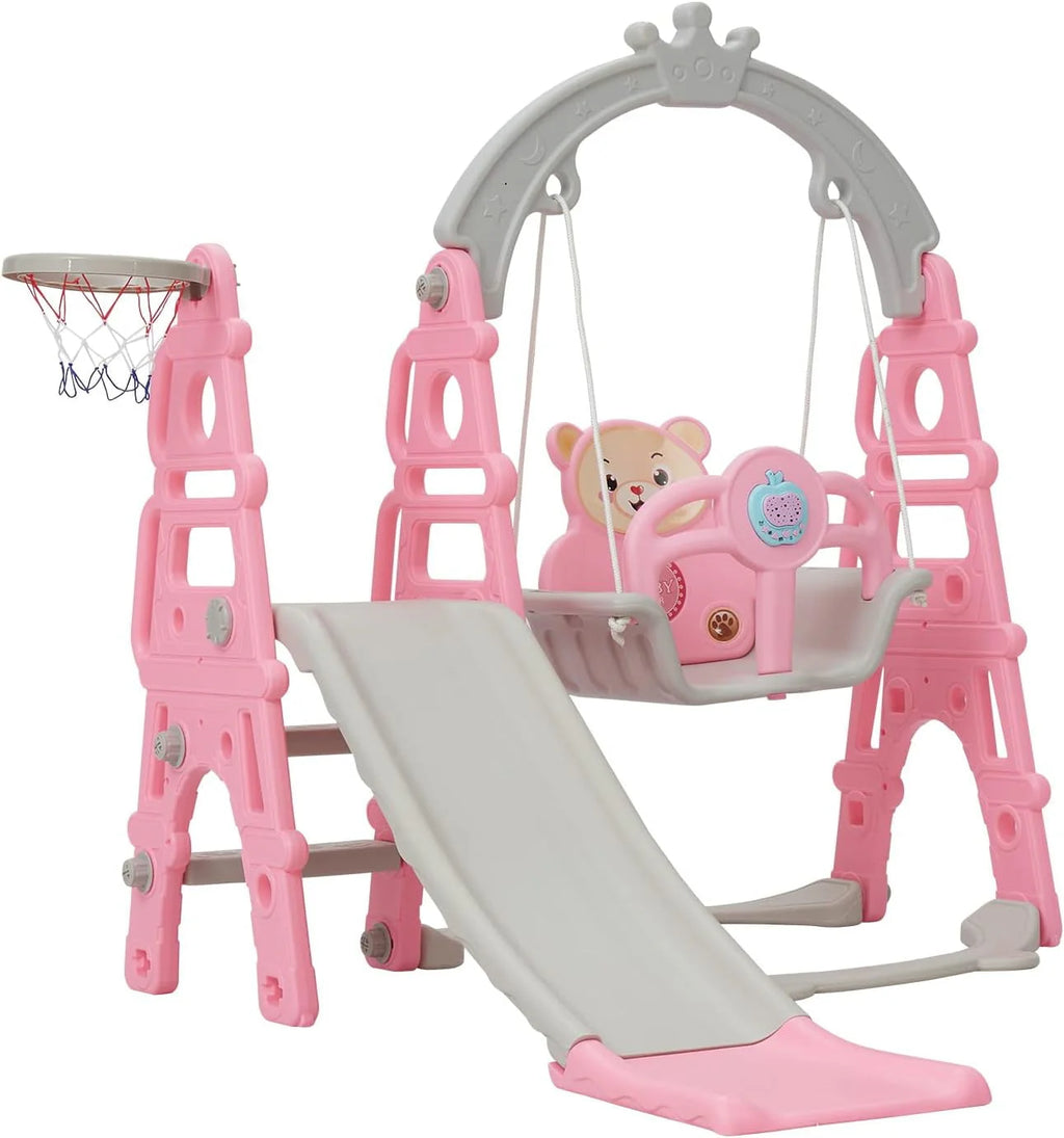 5 in 1 Toddler Slide Swing Set with Basketball Hoop Blue P69511