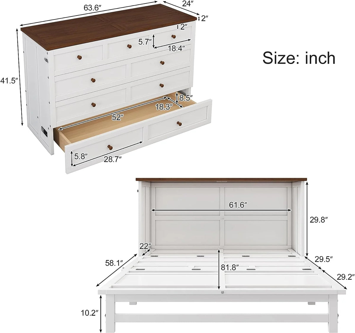 Queen Size Foldable Wood Murphy Bed Chest with Charging Station and Storage Drawer X813
