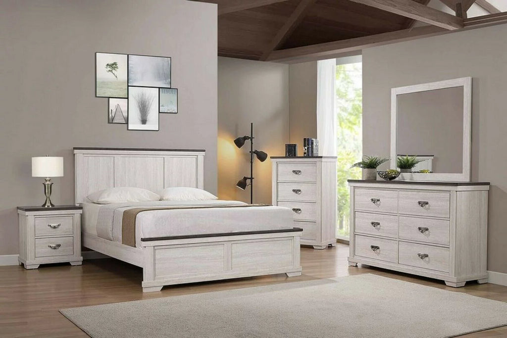 Antique White Brown 6pc King Size Bedroom Furniture Set S1935