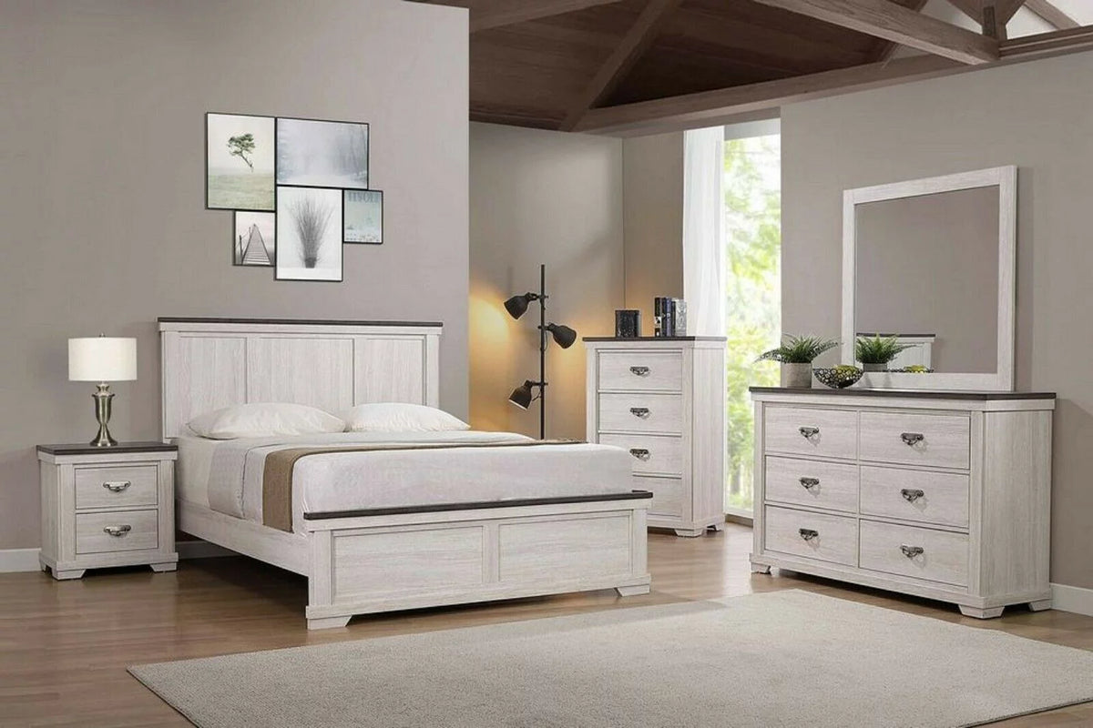 Antique White Brown 6pc King Size Bedroom Furniture Set S1935
