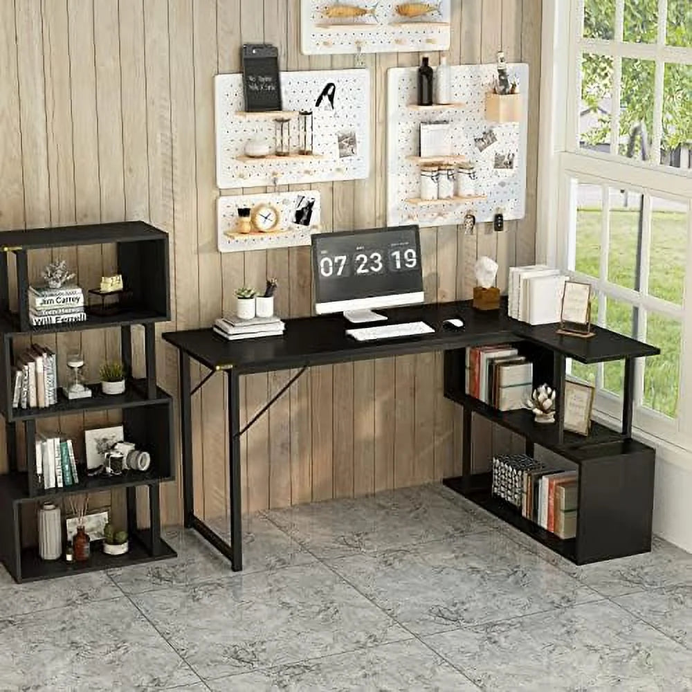 L Shaped Desk 47 Inches Computer Desk with 2 Tier Shelves Black H9381