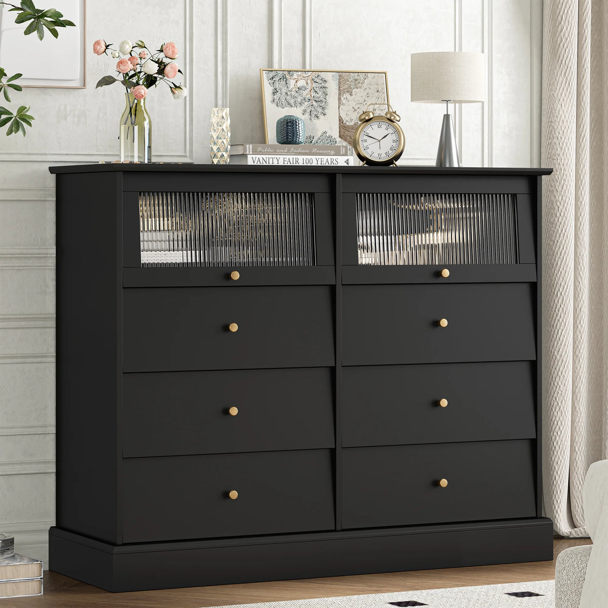 Black 8 Drawer Glass Door Wood Dresser R921