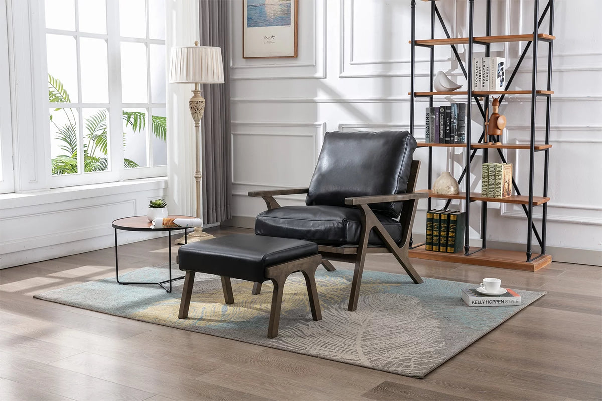 Black Faux Leather Accent Chair and Ottoman Set N71447