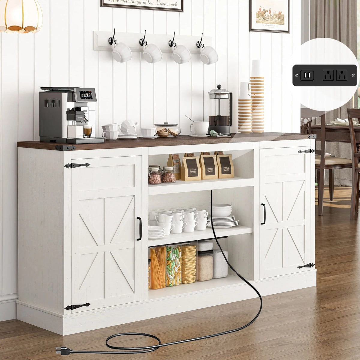 4 Layer Brown Coffee Bar Cabinet with Power Outlet C2084