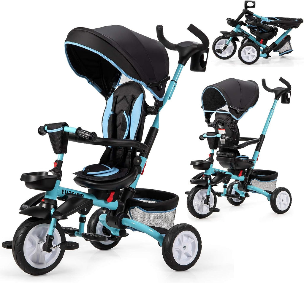 7-in-1 Kids Folding Tricycle with Canopy, Black+Blue K1574