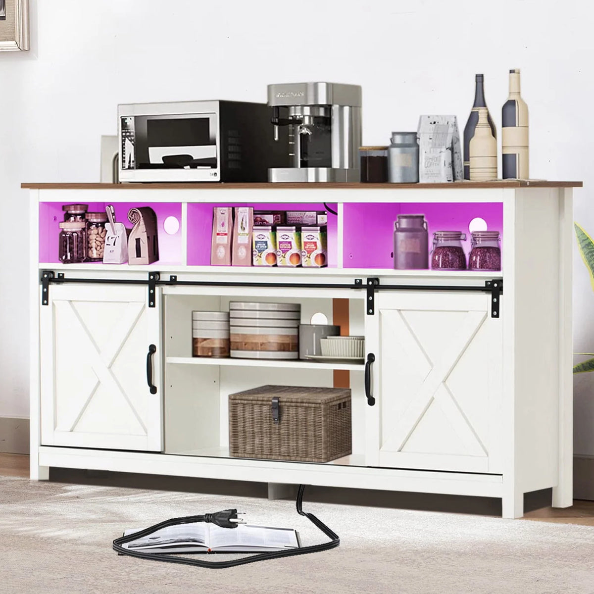4 Layer Brown Coffee Bar Cabinet with Power Outlet C2084