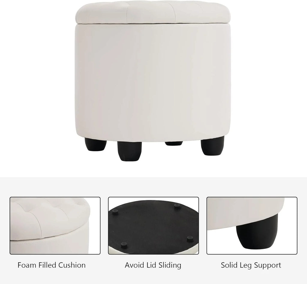 19" Round Storage Ottoman with Cover Lid Tufted PU Leather Fabric Ottoman E1331