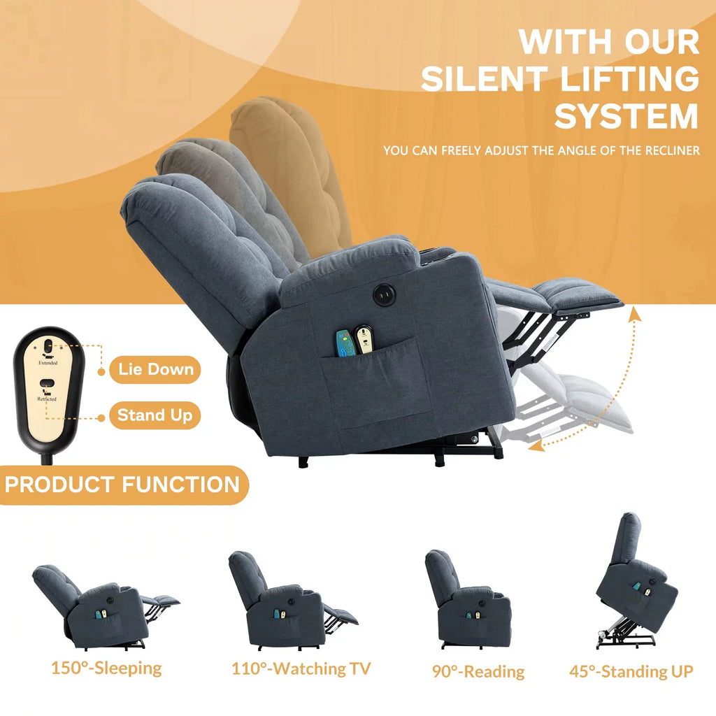 Gray-Blue Fabric Lift Recliner Chair with Heat and Massage T719282