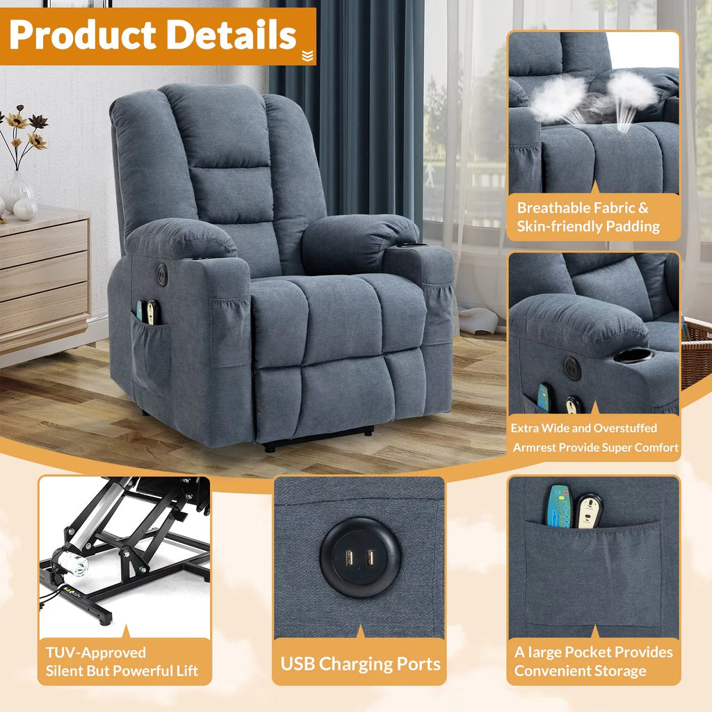 Gray-Blue Fabric Lift Recliner Chair with Heat and Massage T719282