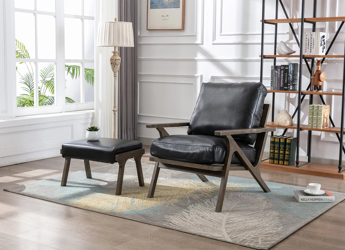 Black Faux Leather Accent Chair and Ottoman Set N71447