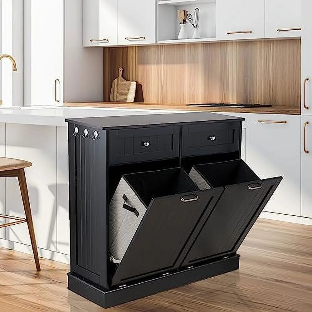 Double Tilt Out Trash Cabinet Laundry Hamper with Drawer 20 Gallon Black Q7497